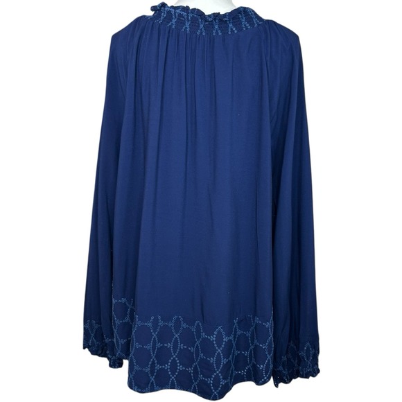 Donna Karan New York DKNY Navy Embroidered Peasant Blouse XL Tassel Tie Boho Top - Picture 9 of 9